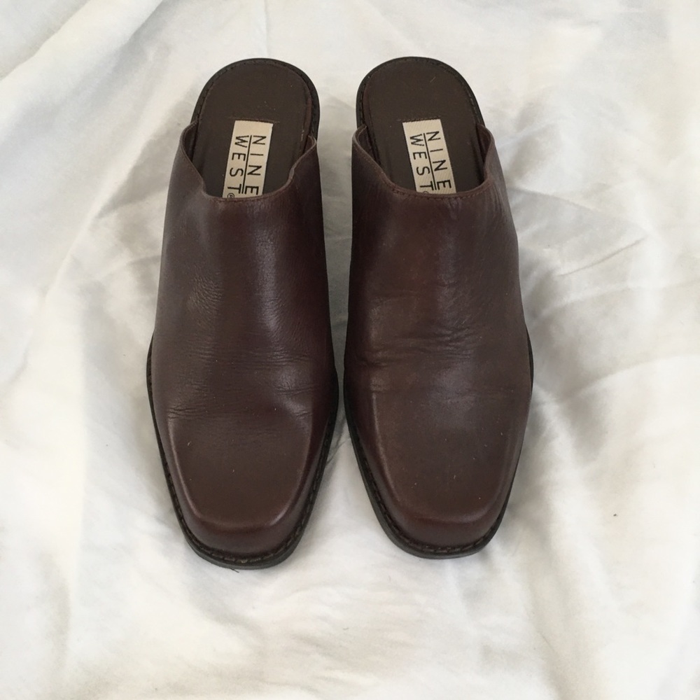 Vintage Leather Square Toe Block Heel Slides Mules